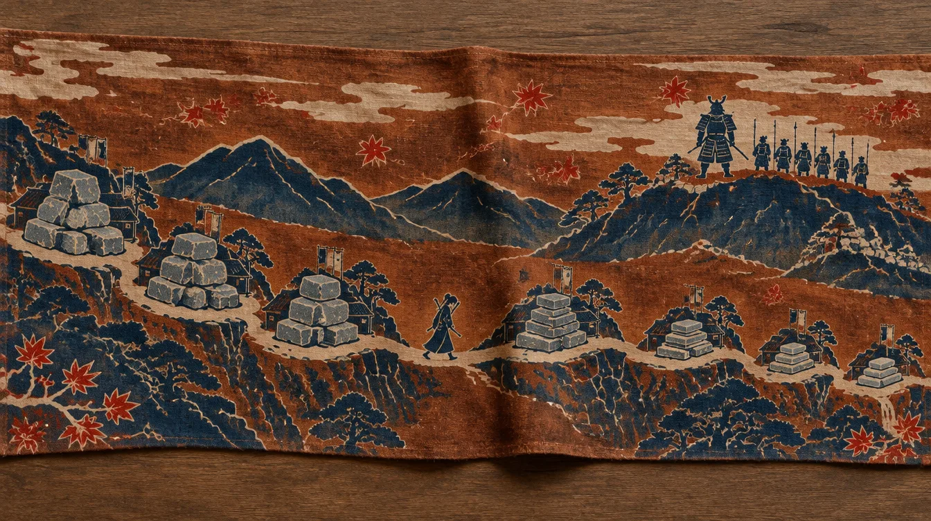 Persimmon-brown dyed cloth: one mountain road through seven quarry towns, big rough stones on the left and small smooth ones on the right, a captain and his guards on the ridge.