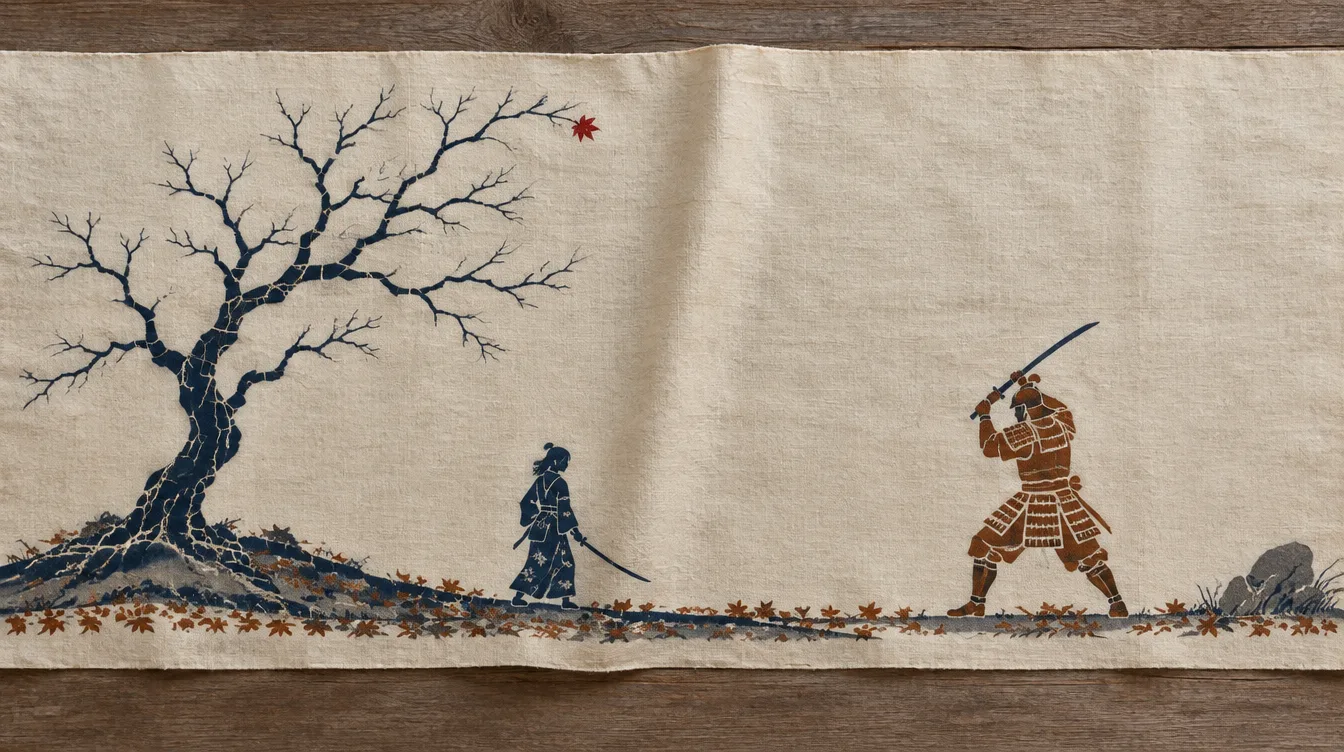 Cream dyed cloth: a bare maple on a hill with one red leaf left, and two small figures facing each other below it.