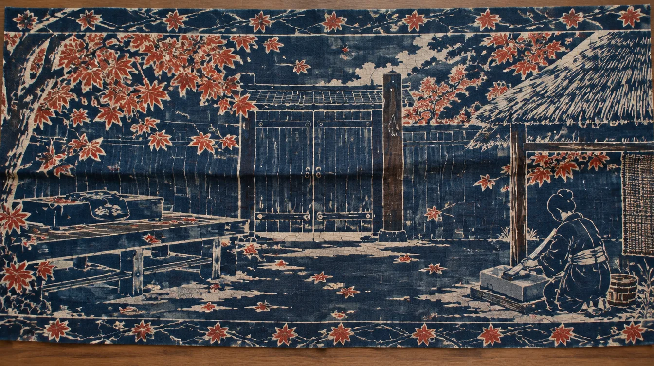 Indigo dyed cloth: a shut domain gate, an empty raised seat, maples dropping leaves, and a small sharpener kneeling at her stone under a thatched eave.
