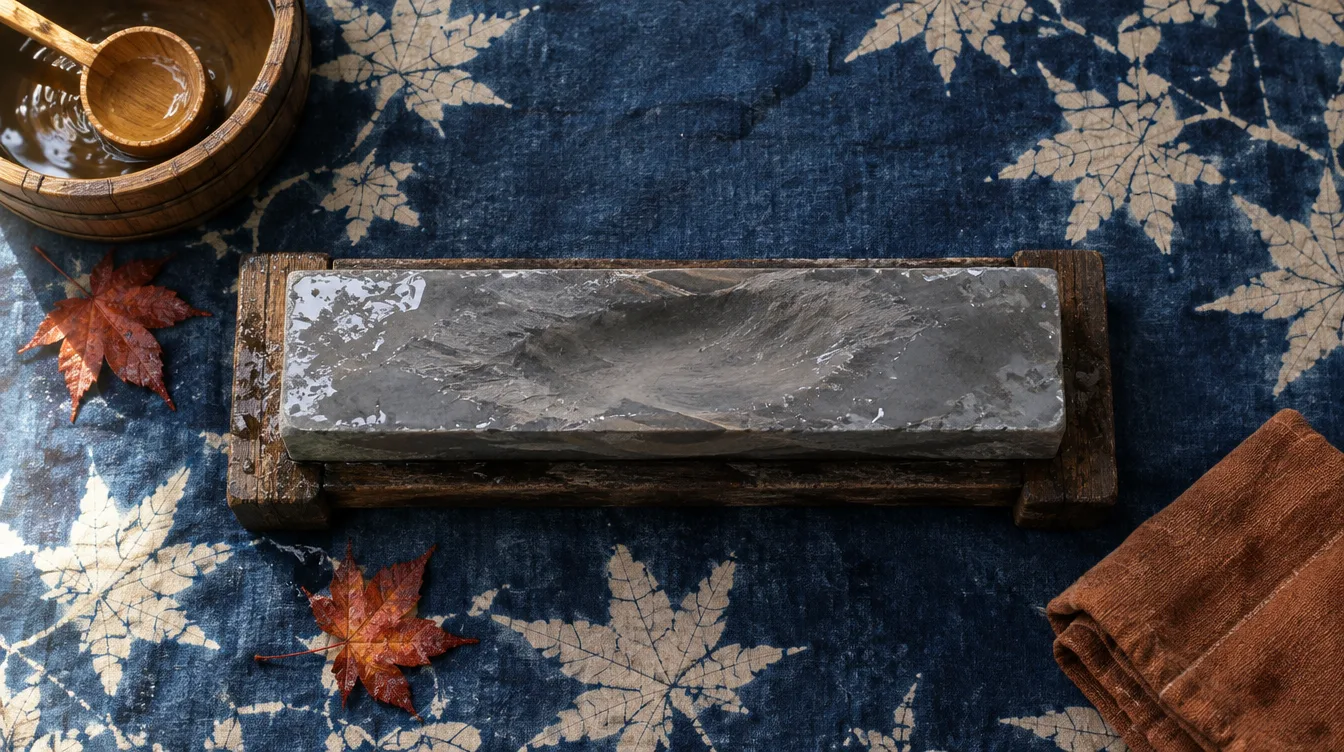 Seen from above: a wet whetstone on a low wooden stand, set on indigo maple-pattern cloth beside a water bucket.