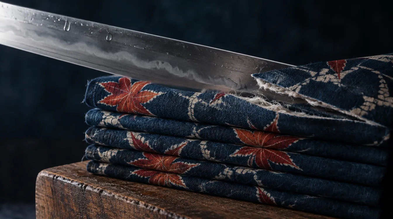 A katana stopped partway down a stack of folded indigo maple cloths, the top folds parted, the lower folds whole.