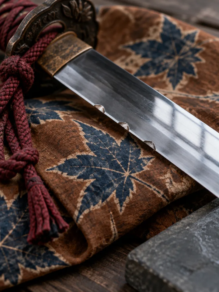 Close view of Daigo's sword on folded persimmon cloth, three small chips along the edge, a dark red cord tied near the guard.