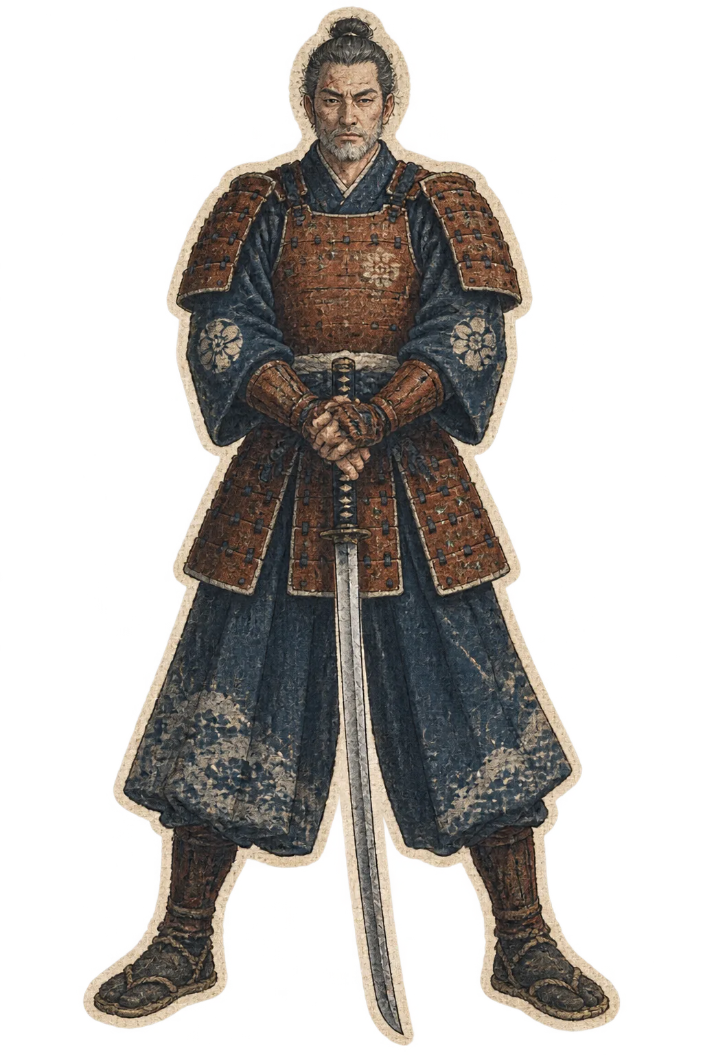 Hyo Daigo, a broad man of fifty-five in dark persimmon armor, stands with his drawn sword point down.