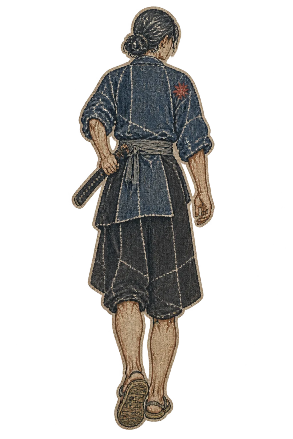 Tomoe seen from behind, walking away with her sheathed sword at her hip.