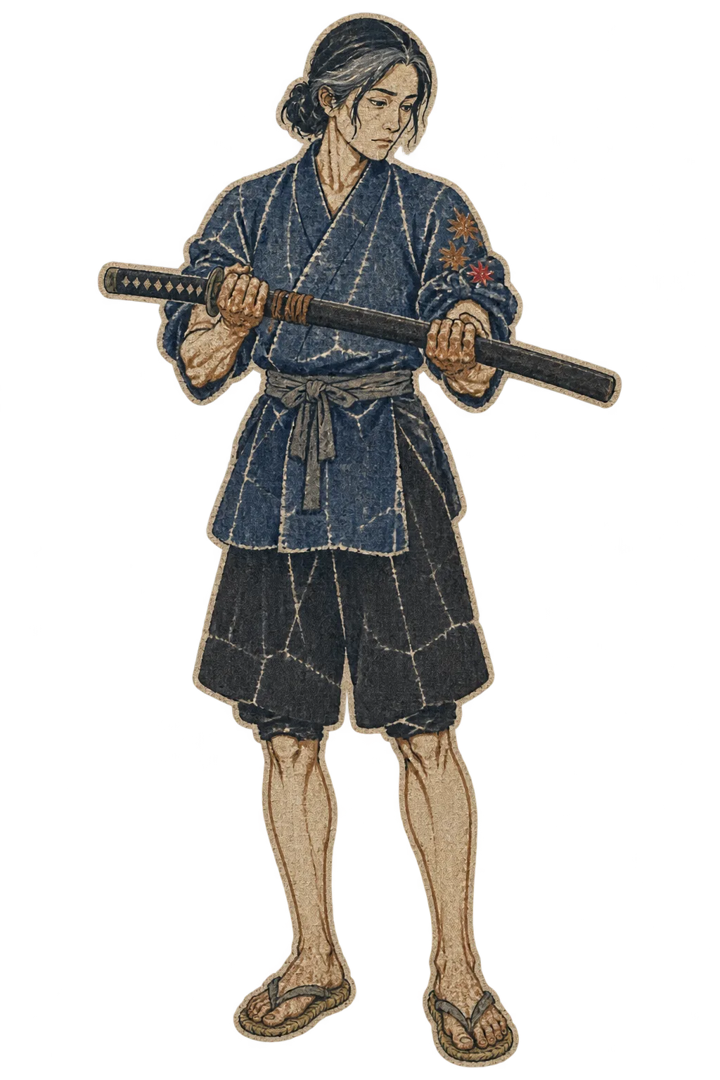 Tomoe Seki, a lean woman of forty-one in a faded indigo kimono, holds a sheathed sword level across her chest.