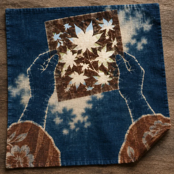 Dyed cloth showing two indigo-stained hands holding a maple leaf stencil up to the light.