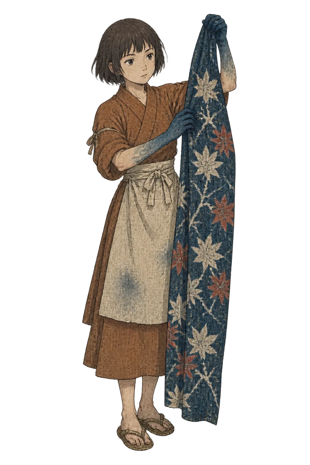 Ume, a twelve-year-old dyer's daughter with indigo-stained hands, holds up a long strip of maple-pattern cloth.